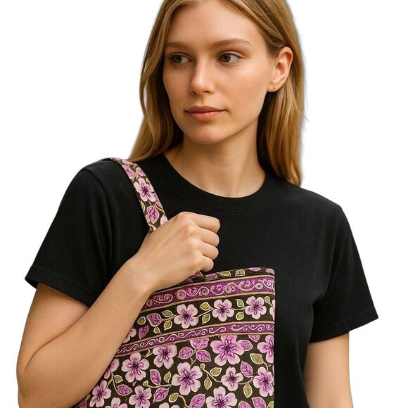 Vera Bradley Book Bag Shoulder Bag Tote in Plum Petals - Picture 2 of 13